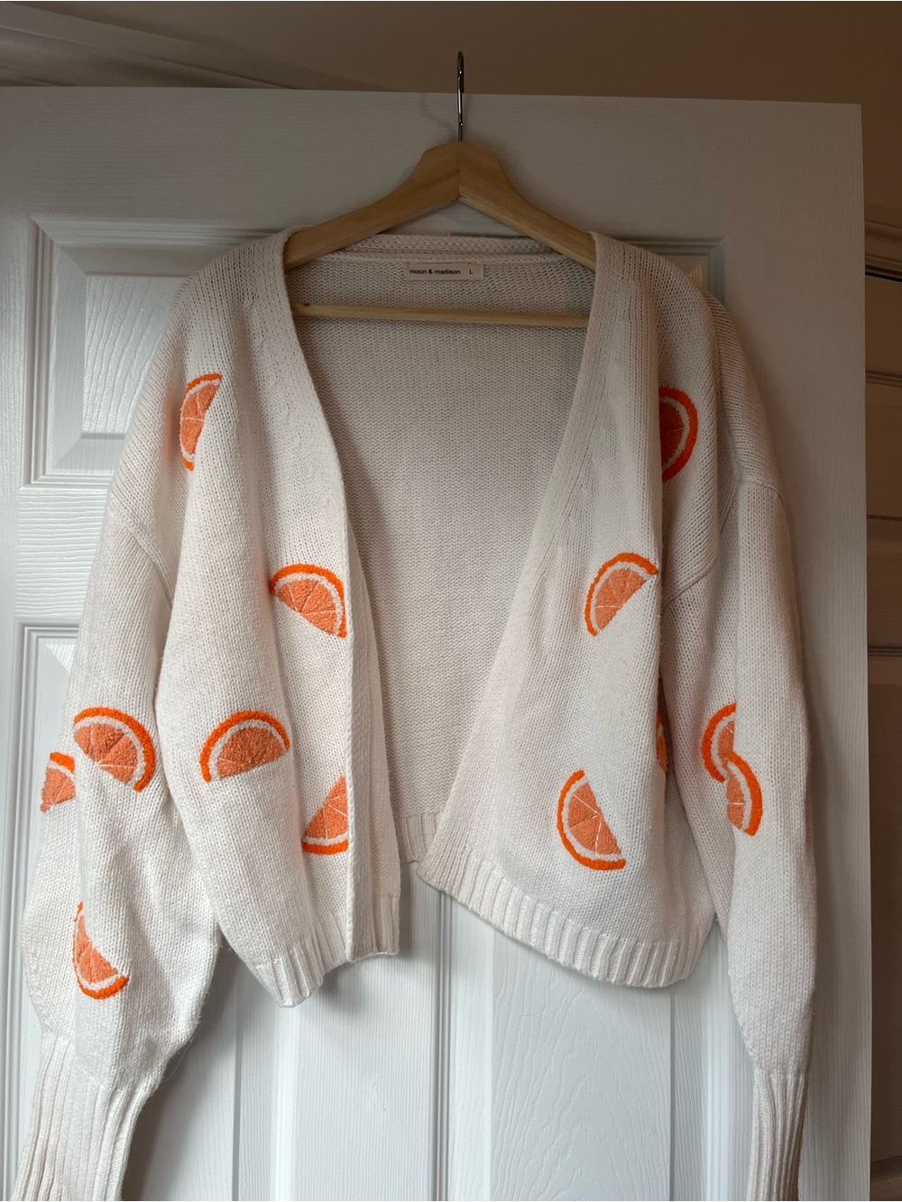 moon & madison Cream Cardigan with Orange Slice Knit Accents